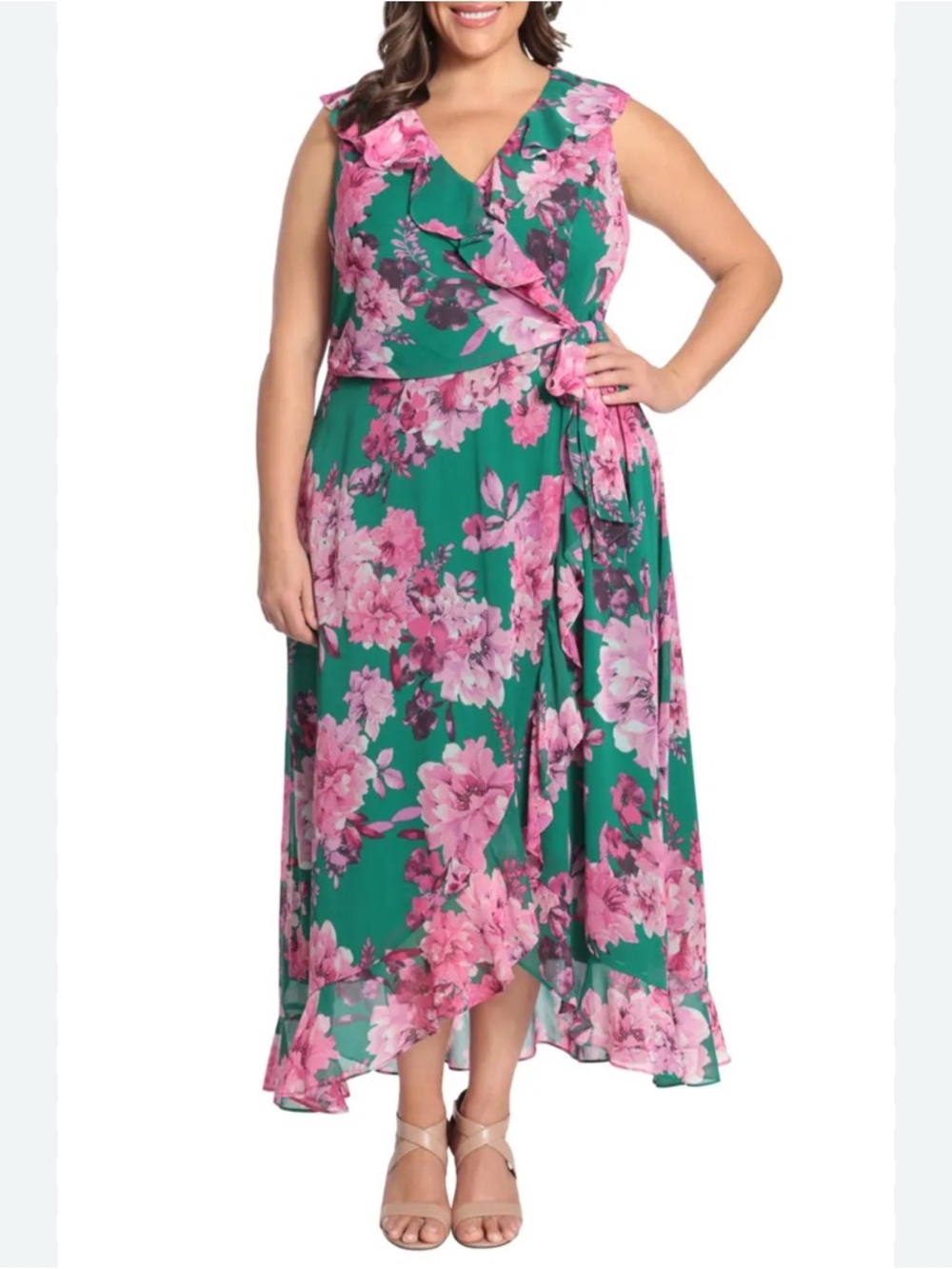 London Times Chiffon Ruffle Maxi Dress Green Pink Floral Resort Wedding Size 14